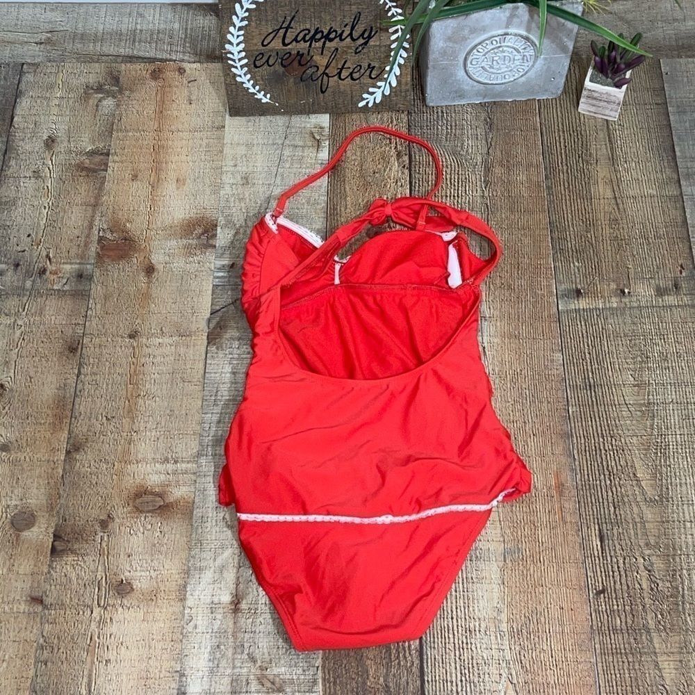 🎆 VM Ruched Lace Halter Red One Piece Swimsuit - Picture 5 of 7